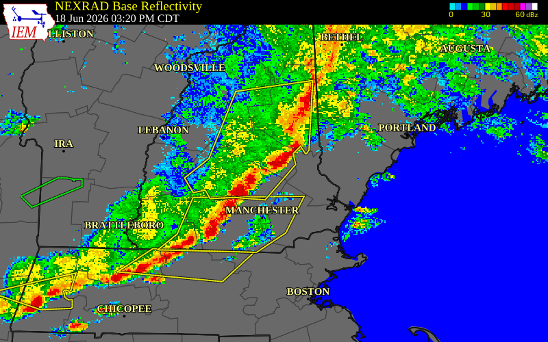 NEXRAD radar during the Thursday, June 18, 2026 storm activity in Belknap County, New Hampshire