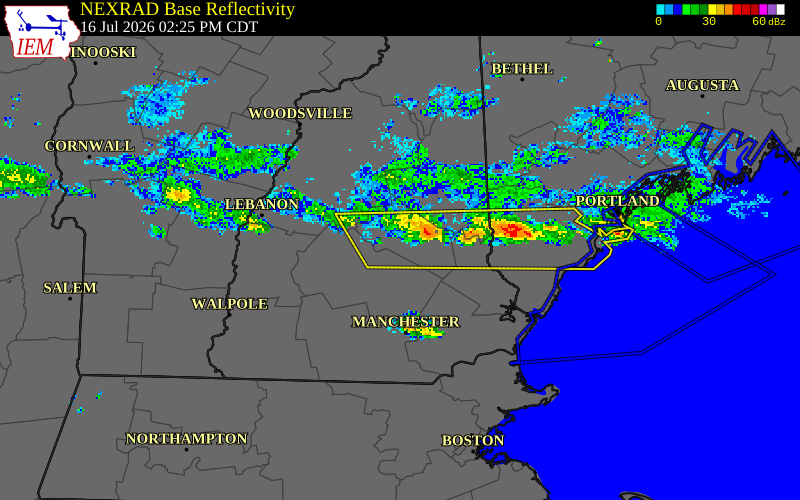 NEXRAD radar during the Thursday, July 16, 2026 storm activity in Belknap County, New Hampshire