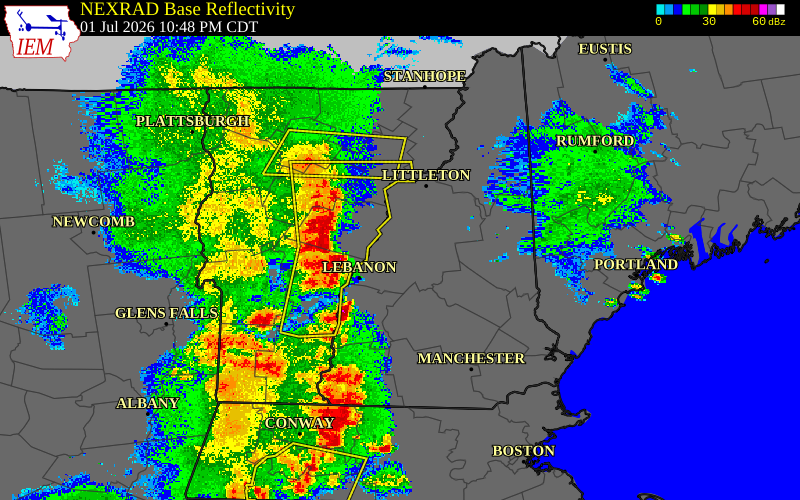 Radar snapshot during the Jul 1, 2026 hail event near Belknap County, Belknap County, New Hampshire, with NWS warning polygons