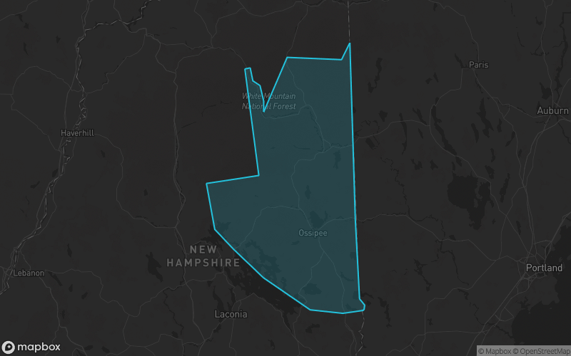 Map of Carroll County, New Hampshire showing the county boundary and surrounding cities