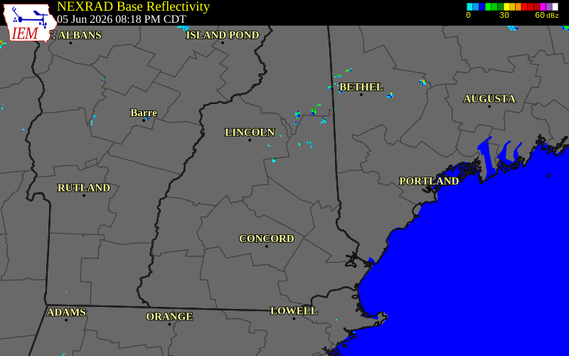 NEXRAD radar during the Friday, June 5, 2026 storm activity in Carroll County, New Hampshire