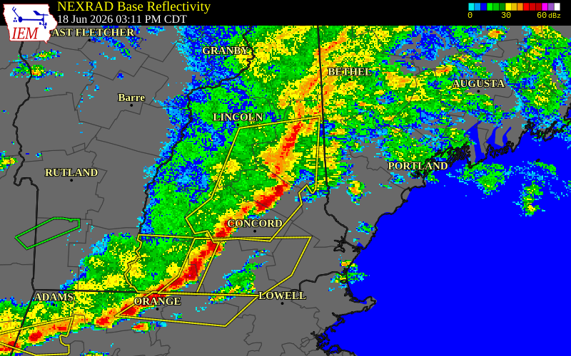 NEXRAD radar during the Thursday, June 18, 2026 storm activity in Carroll County, New Hampshire