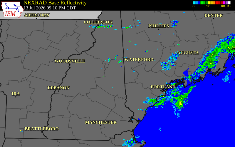 NEXRAD radar during the Monday, July 13, 2026 storm activity in Carroll County, New Hampshire