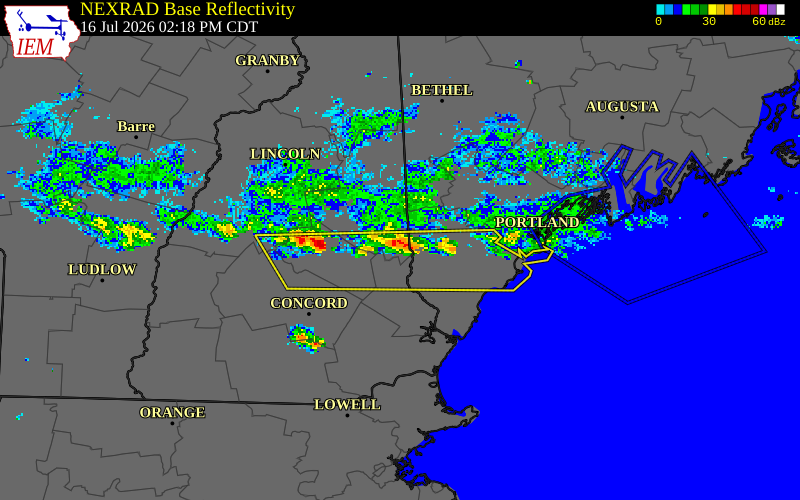 NEXRAD radar during the Thursday, July 16, 2026 storm activity in Carroll County, New Hampshire