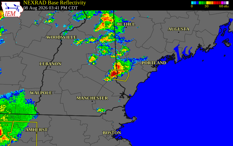 NEXRAD radar during the Saturday, August 8, 2026 storm activity in Carroll County, New Hampshire
