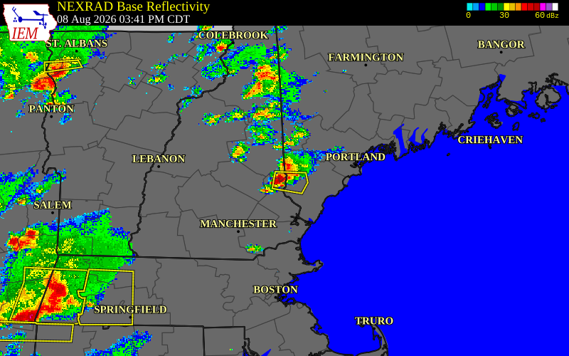 Radar snapshot during the Aug 8, 2026 hail event near 3 SE Wakefield, Carroll County, New Hampshire, with NWS warning polygons