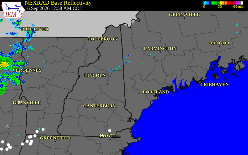 Current NEXRAD radar over Carroll County, New Hampshire with recent storm report locations