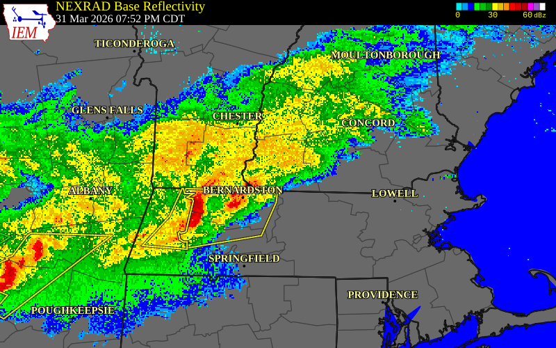 NEXRAD radar during the Tuesday, March 31, 2026 storm activity in Cheshire County, New Hampshire