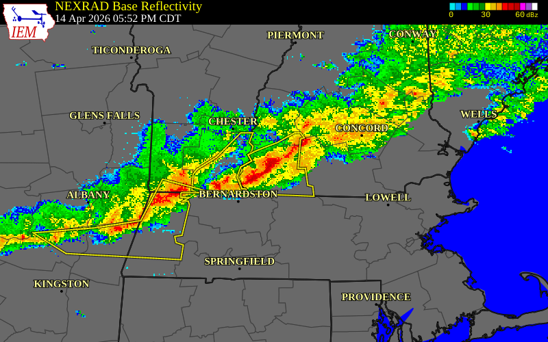 NEXRAD radar during the Tuesday, April 14, 2026 storm activity in Cheshire County, New Hampshire