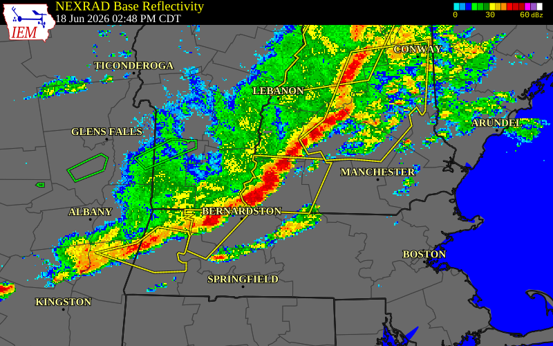 NEXRAD radar during the Thursday, June 18, 2026 storm activity in Cheshire County, New Hampshire