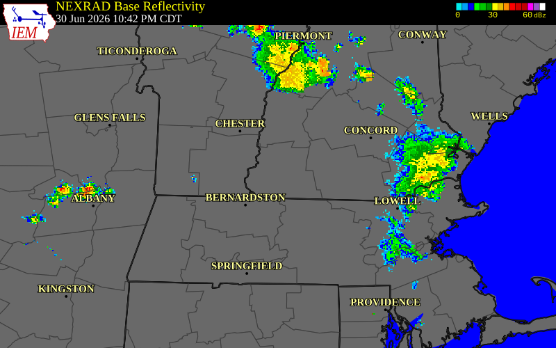 NEXRAD radar during the Tuesday, June 30, 2026 storm activity in Cheshire County, New Hampshire