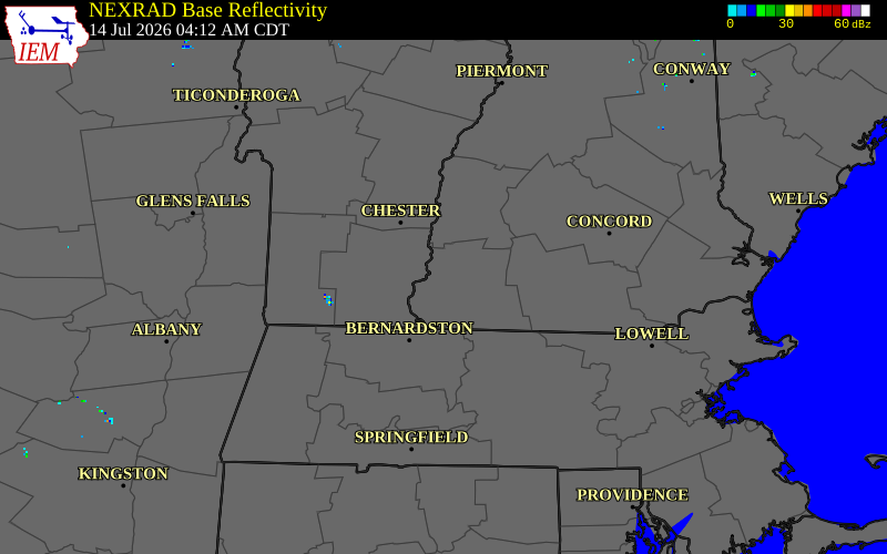 NEXRAD radar during the Tuesday, July 14, 2026 storm activity in Cheshire County, New Hampshire