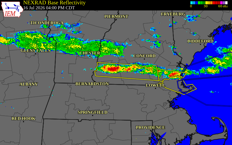 NEXRAD radar during the Thursday, July 16, 2026 storm activity in Cheshire County, New Hampshire