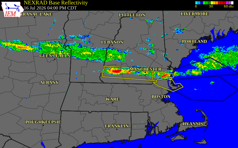 Radar snapshot during the Jul 16, 2026 hail event near Harrisville, Cheshire County, New Hampshire, with NWS warning polygons
