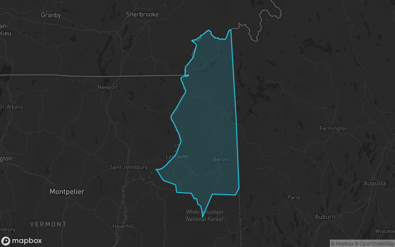 Map of Coos County, New Hampshire showing the county boundary and surrounding cities