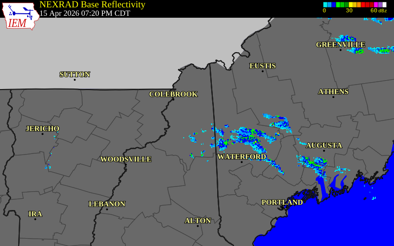 NEXRAD radar during the Wednesday, April 15, 2026 storm activity in Coos County, New Hampshire