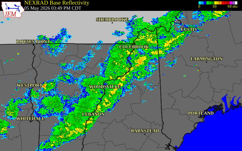NEXRAD radar during the Tuesday, May 5, 2026 storm activity in Coos County, New Hampshire