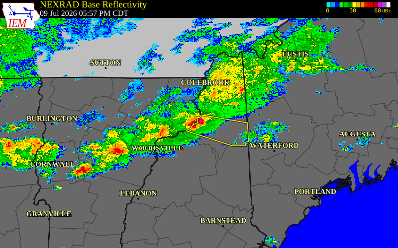 NEXRAD radar during the Thursday, July 9, 2026 storm activity in Coos County, New Hampshire
