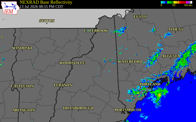 NEXRAD radar during the Monday, July 13, 2026 storm activity in Coos County, New Hampshire