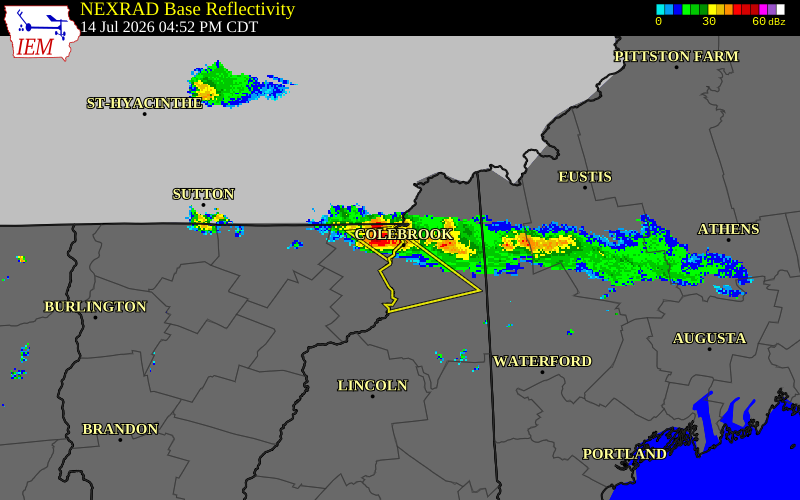 NEXRAD radar during the Tuesday, July 14, 2026 storm activity in Coos County, New Hampshire