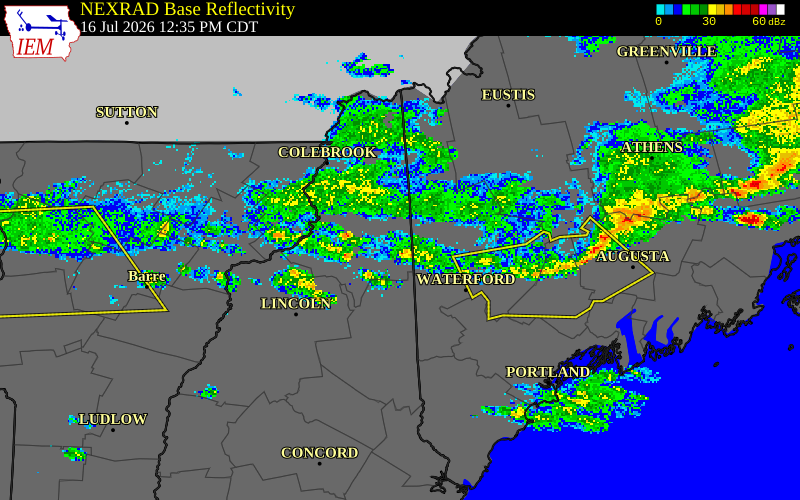 NEXRAD radar during the Thursday, July 16, 2026 storm activity in Coos County, New Hampshire