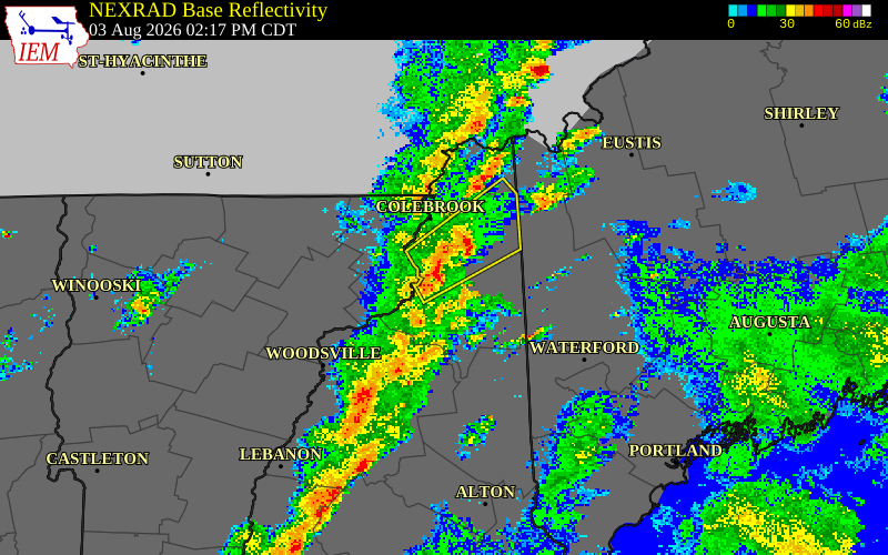 NEXRAD radar during the Monday, August 3, 2026 storm activity in Coos County, New Hampshire