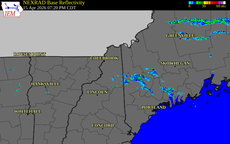 Radar snapshot during the Apr 15, 2026 hail event near 3 SE Dummer, Coos County, New Hampshire, with NWS warning polygons