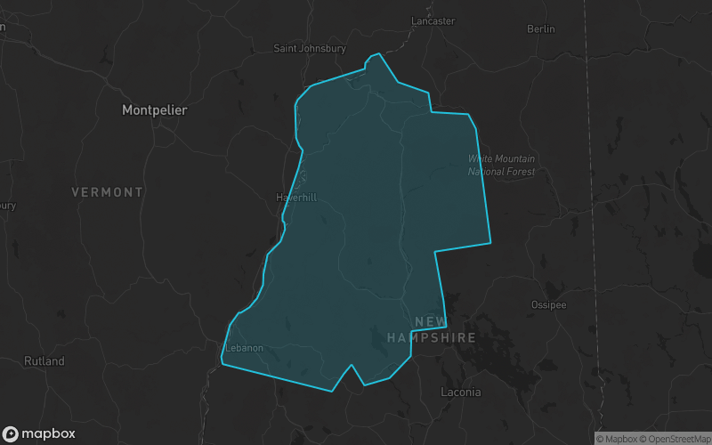 Map of Grafton County, New Hampshire showing the county boundary and surrounding cities