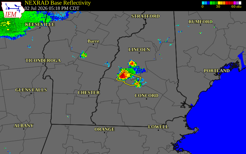 NEXRAD radar during the Thursday, July 2, 2026 storm activity in Grafton County, New Hampshire