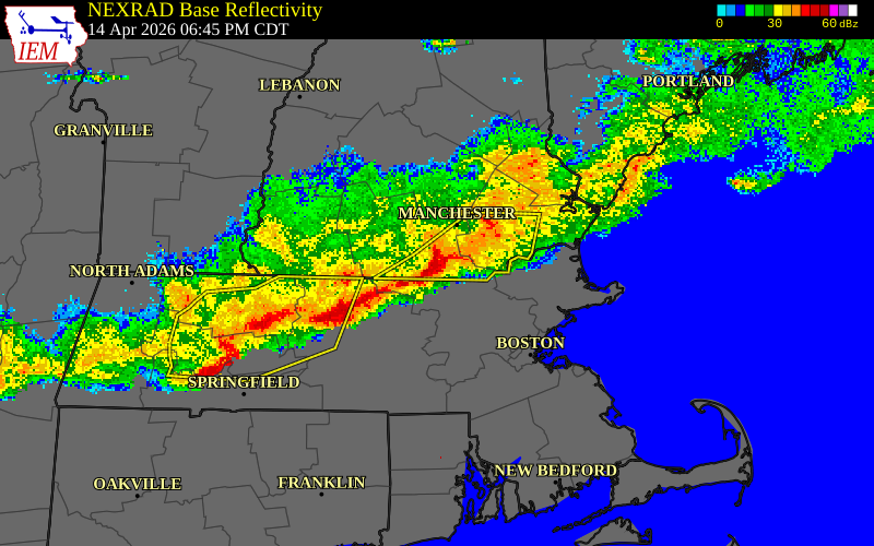 NEXRAD radar during the Tuesday, April 14, 2026 storm activity in Hillsborough County, New Hampshire