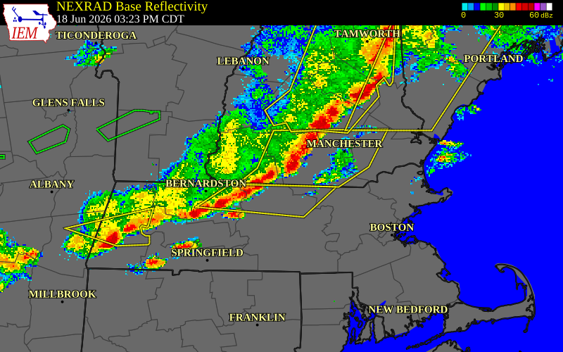 NEXRAD radar during the Thursday, June 18, 2026 storm activity in Hillsborough County, New Hampshire