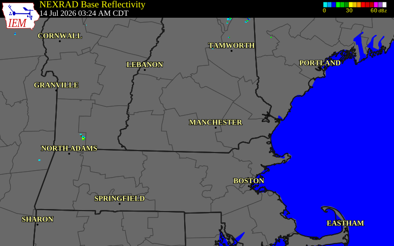 NEXRAD radar during the Tuesday, July 14, 2026 storm activity in Hillsborough County, New Hampshire