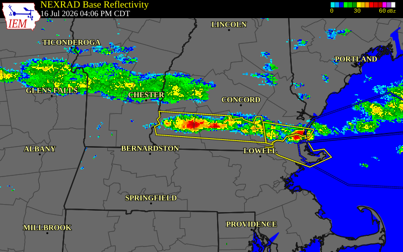 NEXRAD radar during the Thursday, July 16, 2026 storm activity in Hillsborough County, New Hampshire