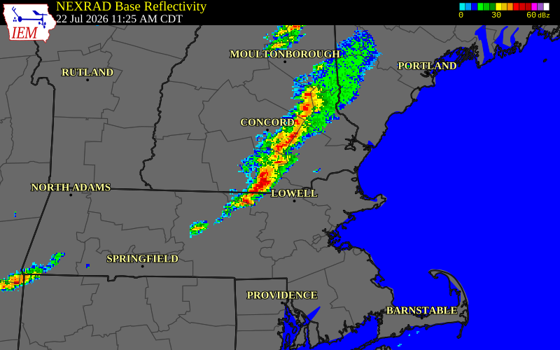 NEXRAD radar during the Wednesday, July 22, 2026 storm activity in Hillsborough County, New Hampshire