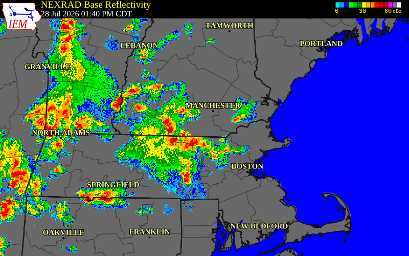 NEXRAD radar during the Tuesday, July 28, 2026 storm activity in Hillsborough County, New Hampshire