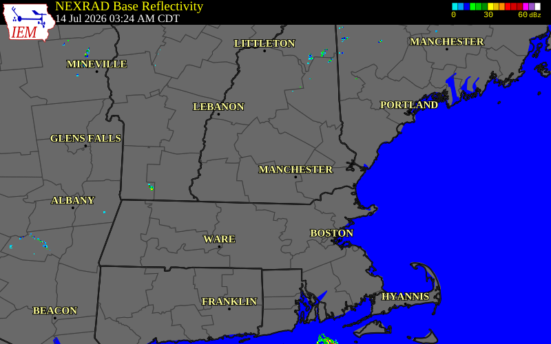 Radar snapshot during the Jul 14, 2026 hail event near 3 W Goffstown, Hillsborough County, New Hampshire, with NWS warning polygons