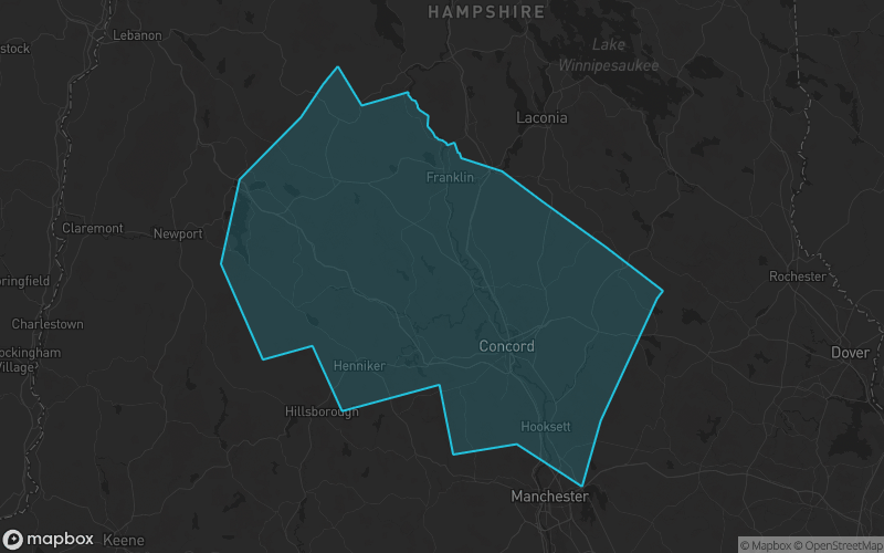 Map of Merrimack County, New Hampshire showing the county boundary and surrounding cities