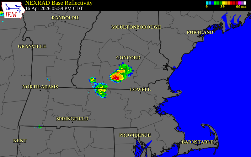 NEXRAD radar during the Thursday, April 16, 2026 storm activity in Merrimack County, New Hampshire