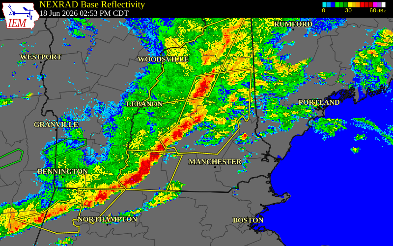 NEXRAD radar during the Thursday, June 18, 2026 storm activity in Merrimack County, New Hampshire