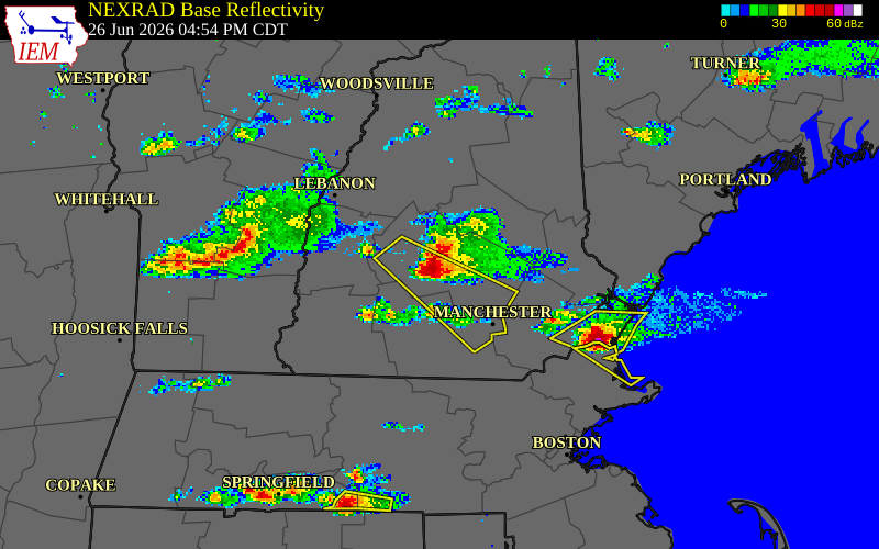 NEXRAD radar during the Friday, June 26, 2026 storm activity in Merrimack County, New Hampshire