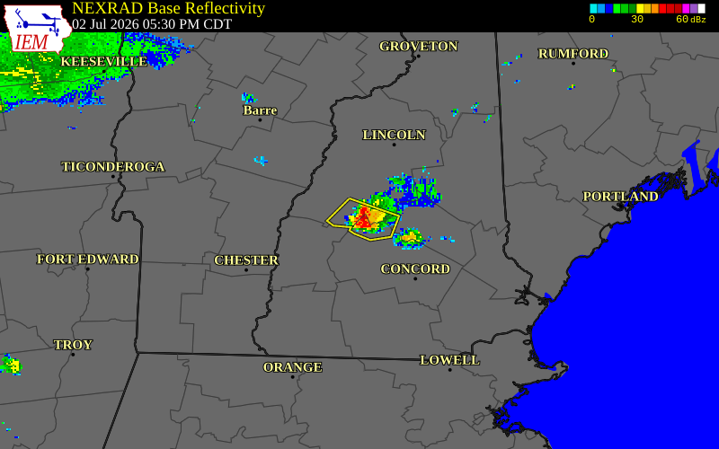 NEXRAD radar during the Thursday, July 2, 2026 storm activity in Merrimack County, New Hampshire