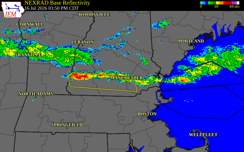 NEXRAD radar during the Thursday, July 16, 2026 storm activity in Merrimack County, New Hampshire
