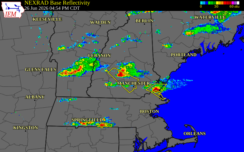 Radar snapshot during the Jun 26, 2026 hail event near 1 NW Contoocook, Merrimack County, New Hampshire, with NWS warning polygons