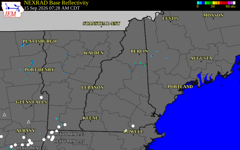 Current NEXRAD radar across New Hampshire with recent storm report locations