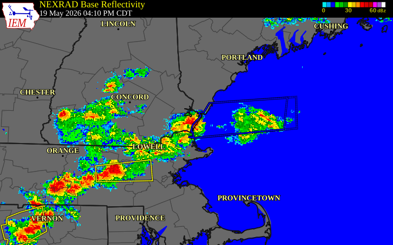 NEXRAD radar during the Tuesday, May 19, 2026 storm activity in Rockingham County, New Hampshire