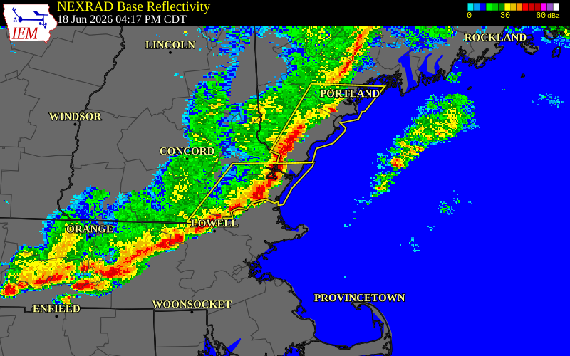 NEXRAD radar during the Thursday, June 18, 2026 storm activity in Rockingham County, New Hampshire