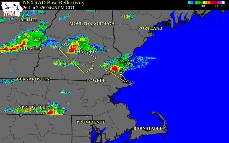 NEXRAD radar during the Friday, June 26, 2026 storm activity in Rockingham County, New Hampshire