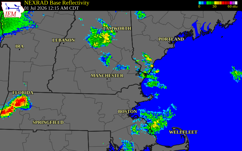NEXRAD radar during the Wednesday, July 1, 2026 storm activity in Rockingham County, New Hampshire