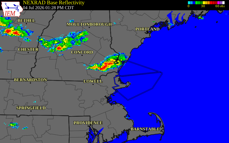 NEXRAD radar during the Saturday, July 4, 2026 storm activity in Rockingham County, New Hampshire