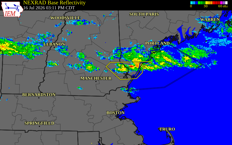 NEXRAD radar during the Thursday, July 16, 2026 storm activity in Rockingham County, New Hampshire